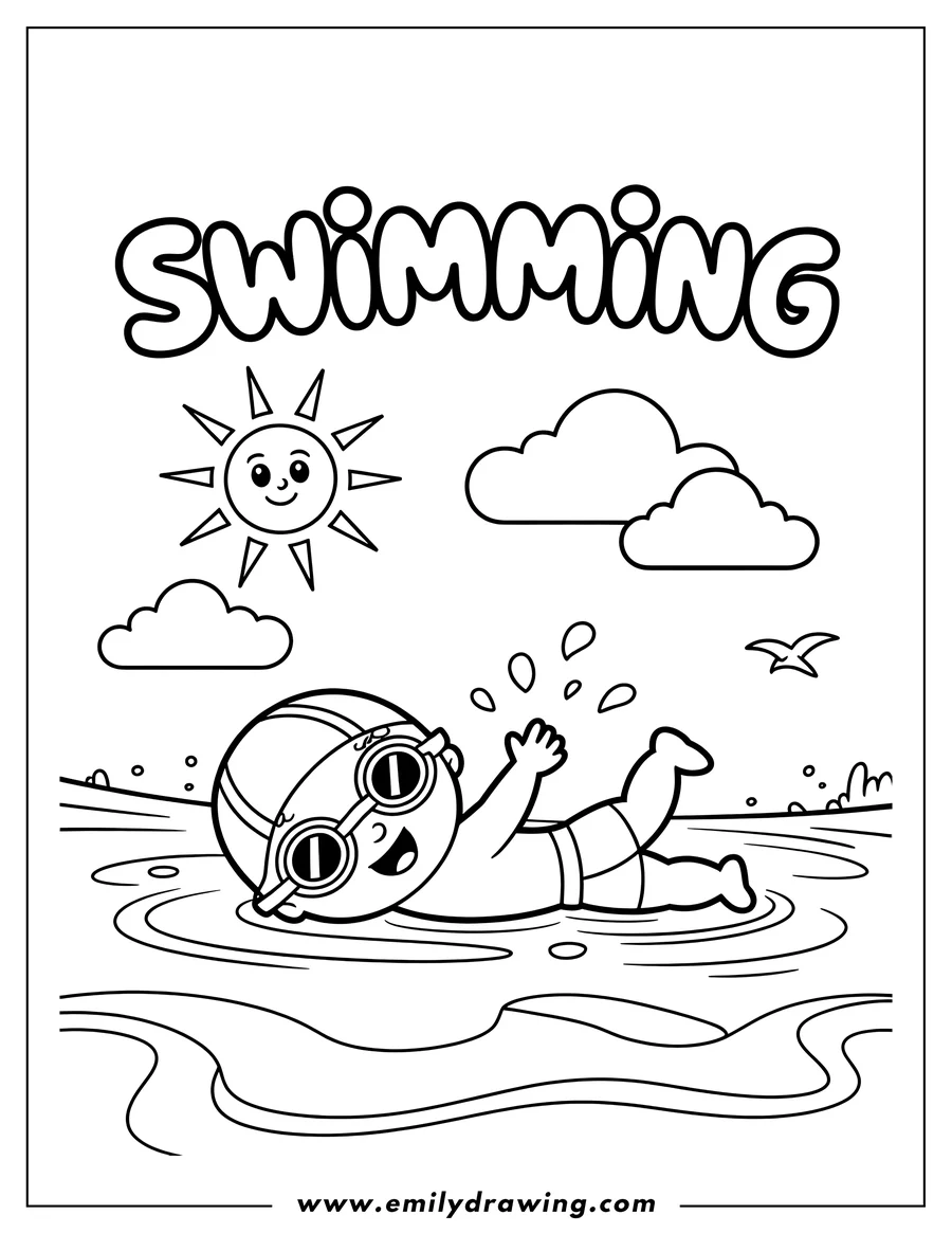 Line art of a child wearing a swim cap and goggles, happily swimming in water with splashes, under a smiling sun and clouds.
