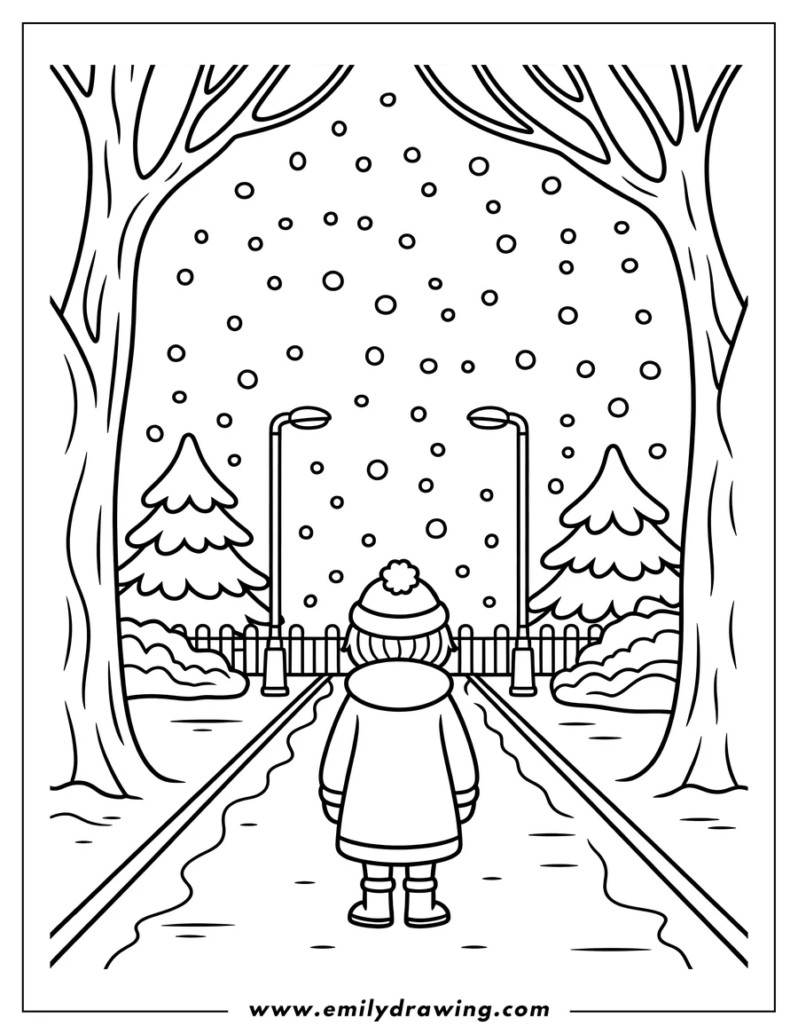 Outline of a child in a winter coat and hat, walking away from the viewer on a snowy path, flanked by trees, evergreens, and street lamps, with snowflakes falling.