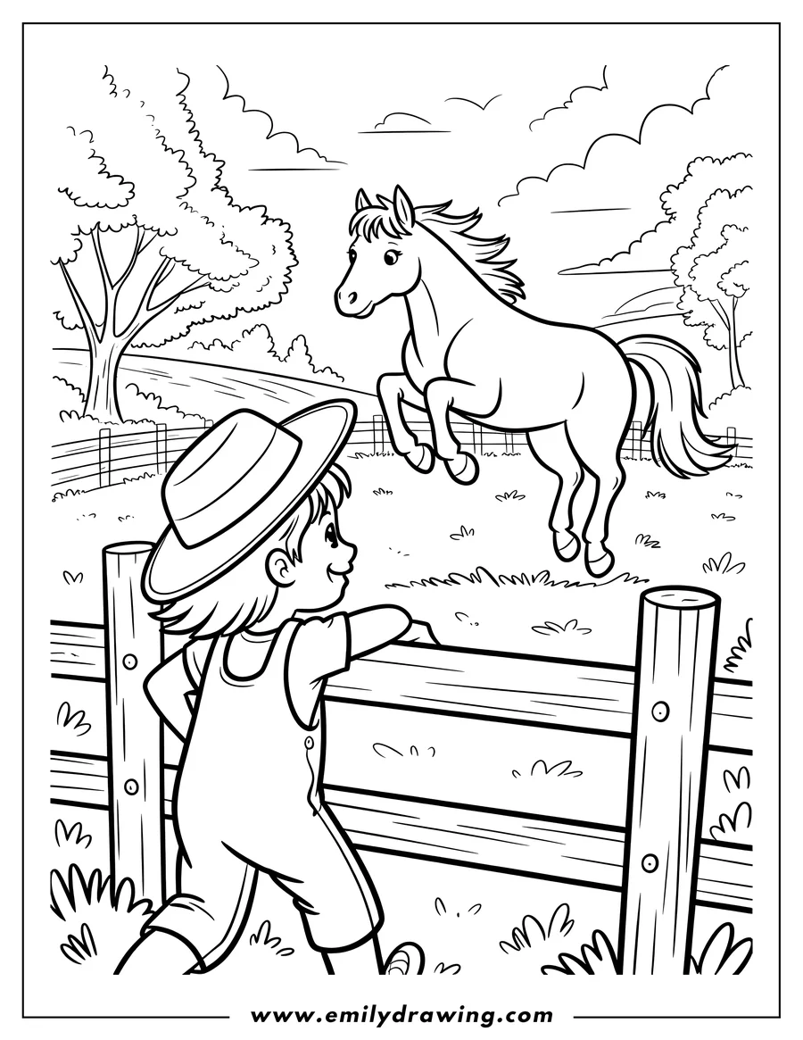 Outline of a horse jumping or prancing in a grassy field. A child wearing a hat and overalls is leaning against a wooden fence, happily watching the horse.