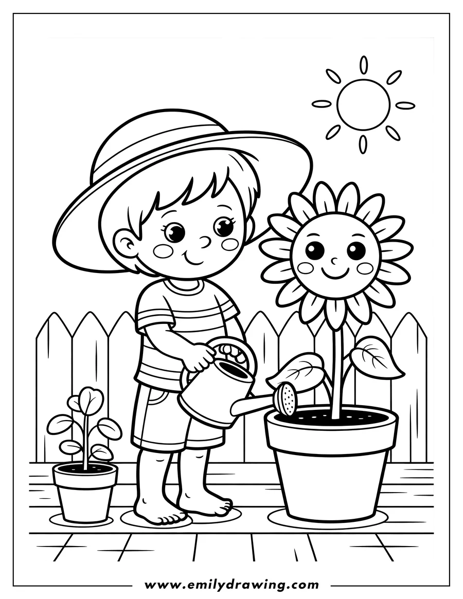 Outline of a child in a hat watering a smiling sunflower in a pot, with another plant and a fence in the background, under a shining sun.