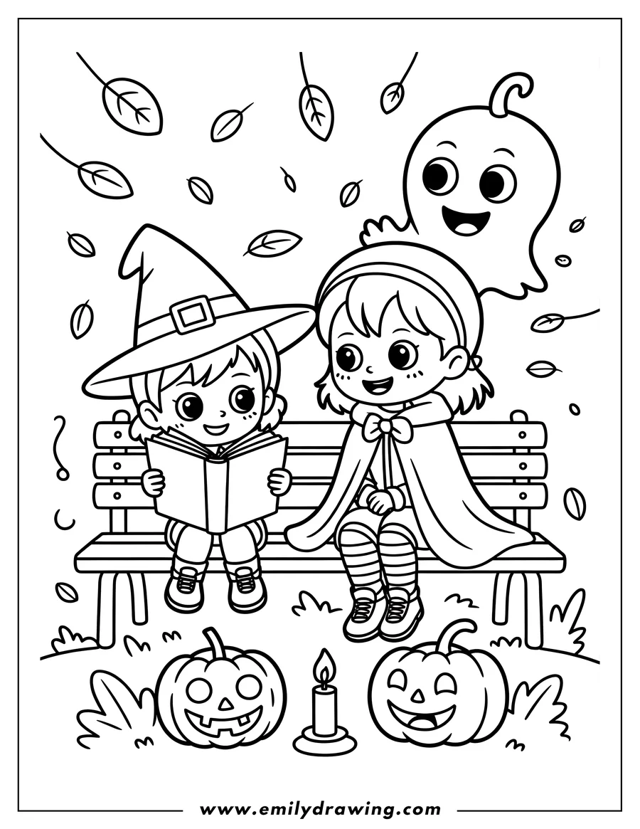 Outline of two children in Halloween costumes sitting on a park bench. One child wears a witch hat and reads a book, while the other watches. A friendly smiling ghost floats above, near falling leaves and two carved jack-o'-lanterns.