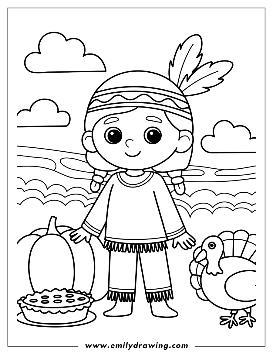 Line art of a child in Thanksgiving attire with a pumpkin, pie, and turkey.