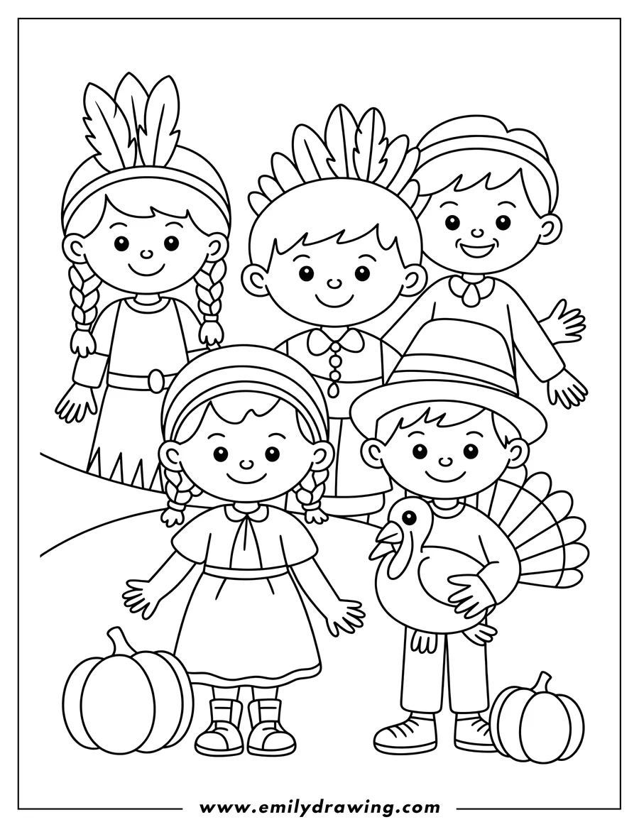 Line art of four children celebrating Thanksgiving. Two are dressed as Pilgrims and two as Native Americans. A boy holds a turkey, and pumpkins sit nearby.