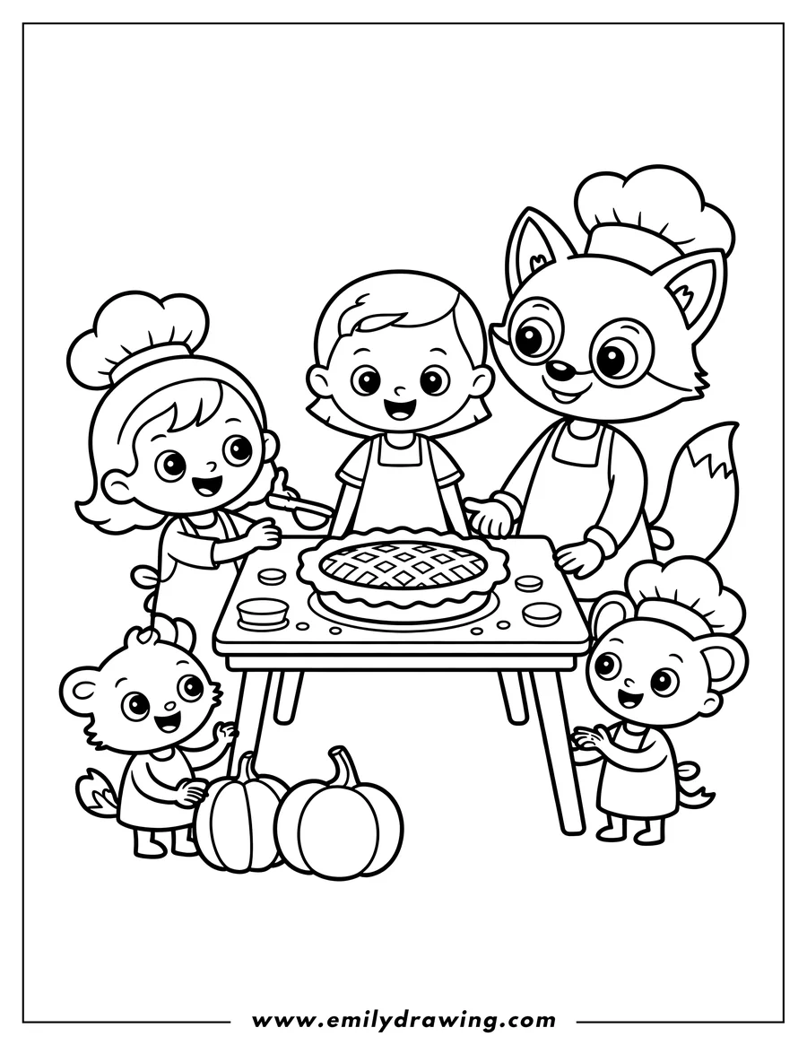 Outline of two children and three animal chefs wearing aprons and hats, working together to prepare a lattice pie on a kitchen table. Two large pumpkins sit on the floor.