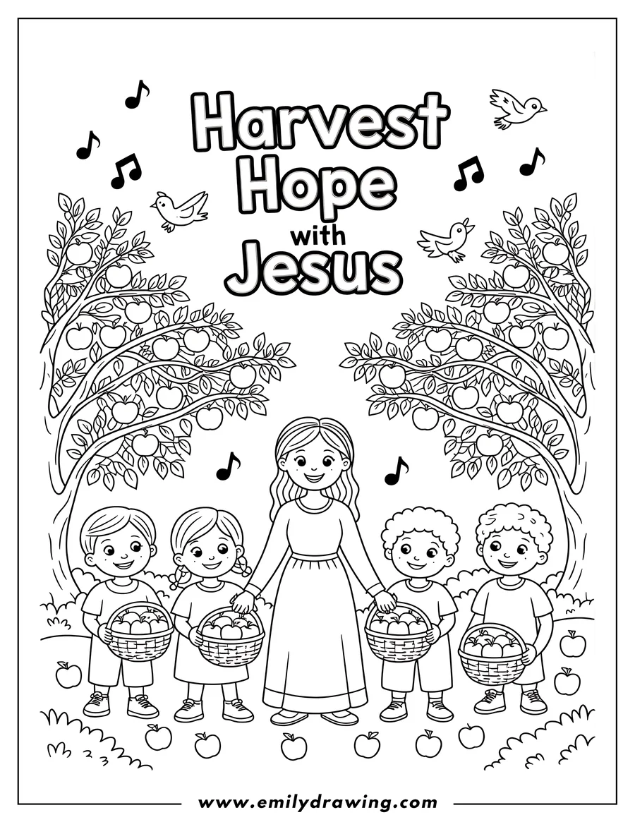 Outline of children and their teacher holding baskets of apples under apple trees with musical notes and birds.