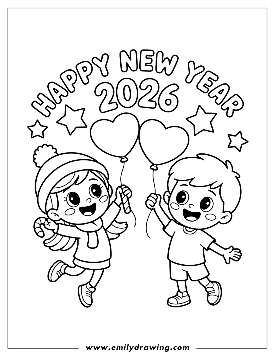 Outline of two happy children celebrating New Year 2026. A girl in a winter hat and scarf holds a candy cane and a heart balloon. A boy holds another heart balloon. Above them, text reads 'HAPPY NEW YEAR 2026' with stars.