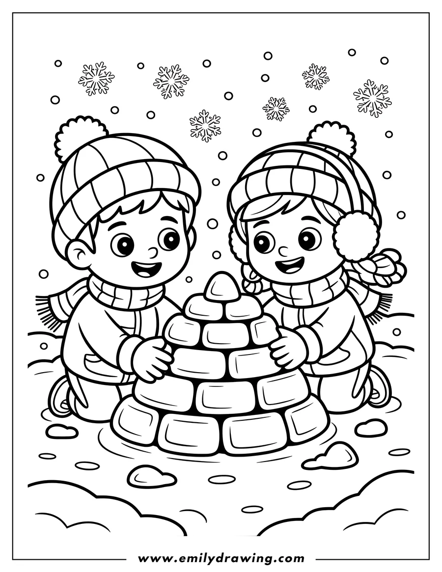 Outline of a boy and a girl in winter clothes, kneeling and building a small igloo out of snow blocks, with snowflakes falling around them.