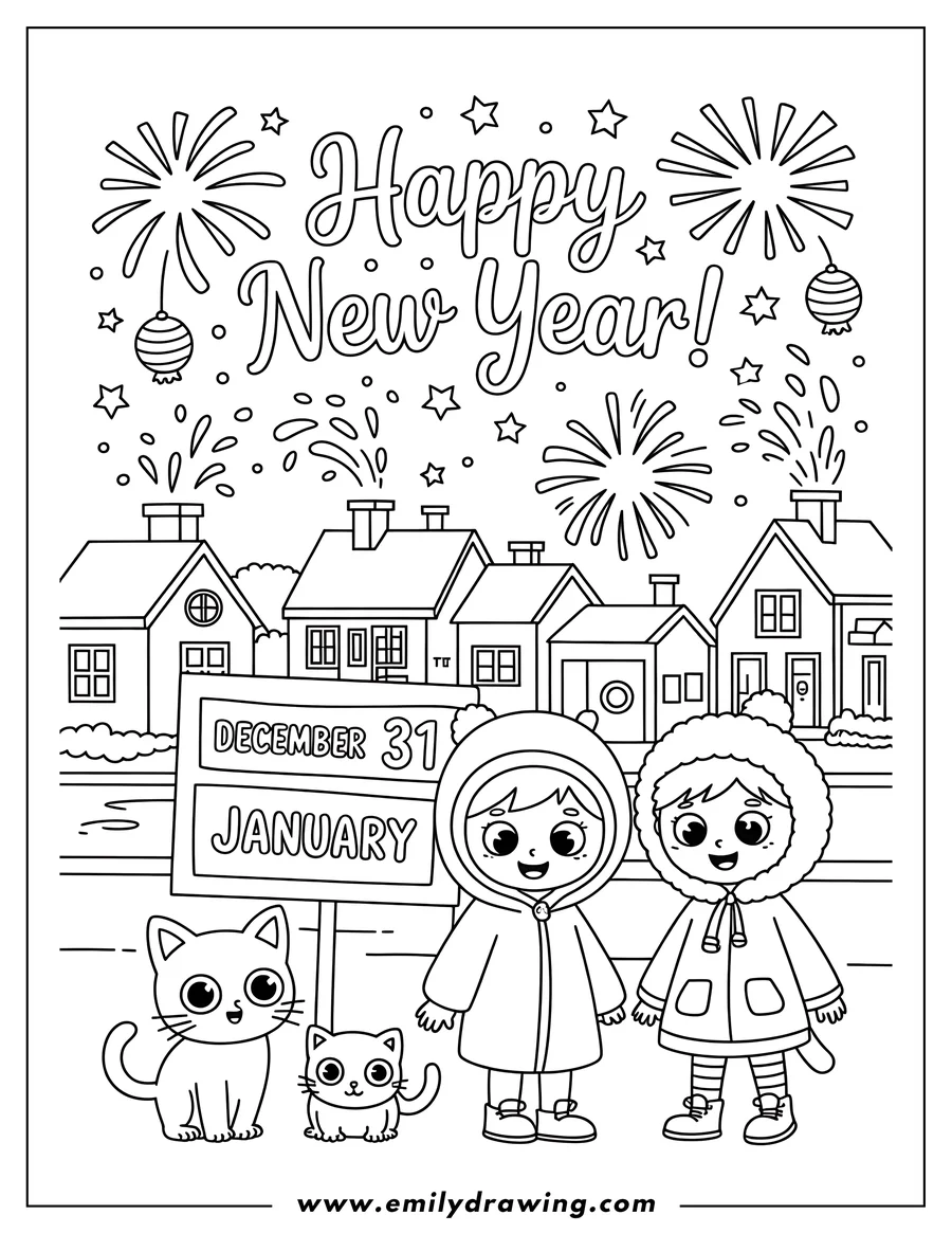Line art showing two children in winter coats with a large and small cat, standing near a sign that says 'December 31' and 'January'. In the background are houses and fireworks, with 'Happy New Year!' text above.