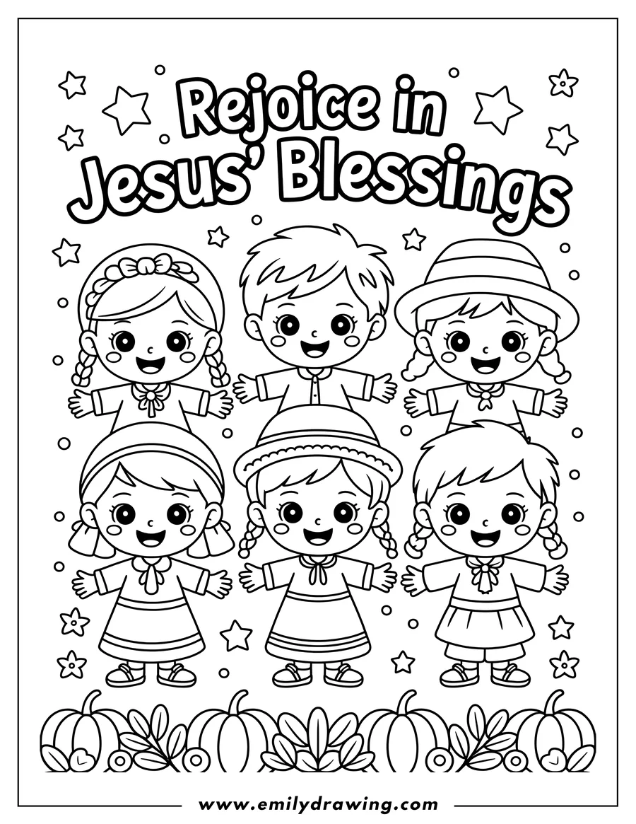 Line art of children in Thanksgiving outfits with pumpkins and stars.