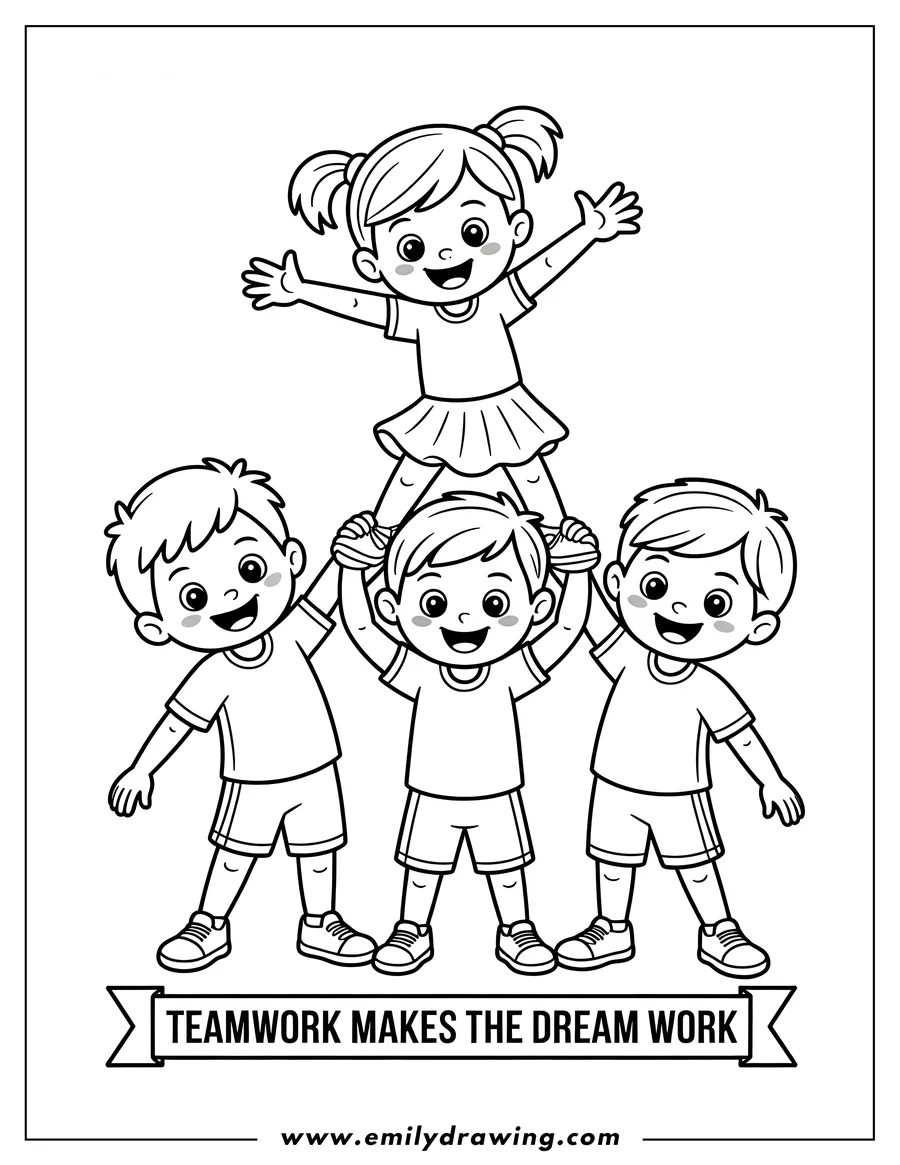 Outline of three children performing a gymnastic pose. Two boys are lifting a girl in the air.