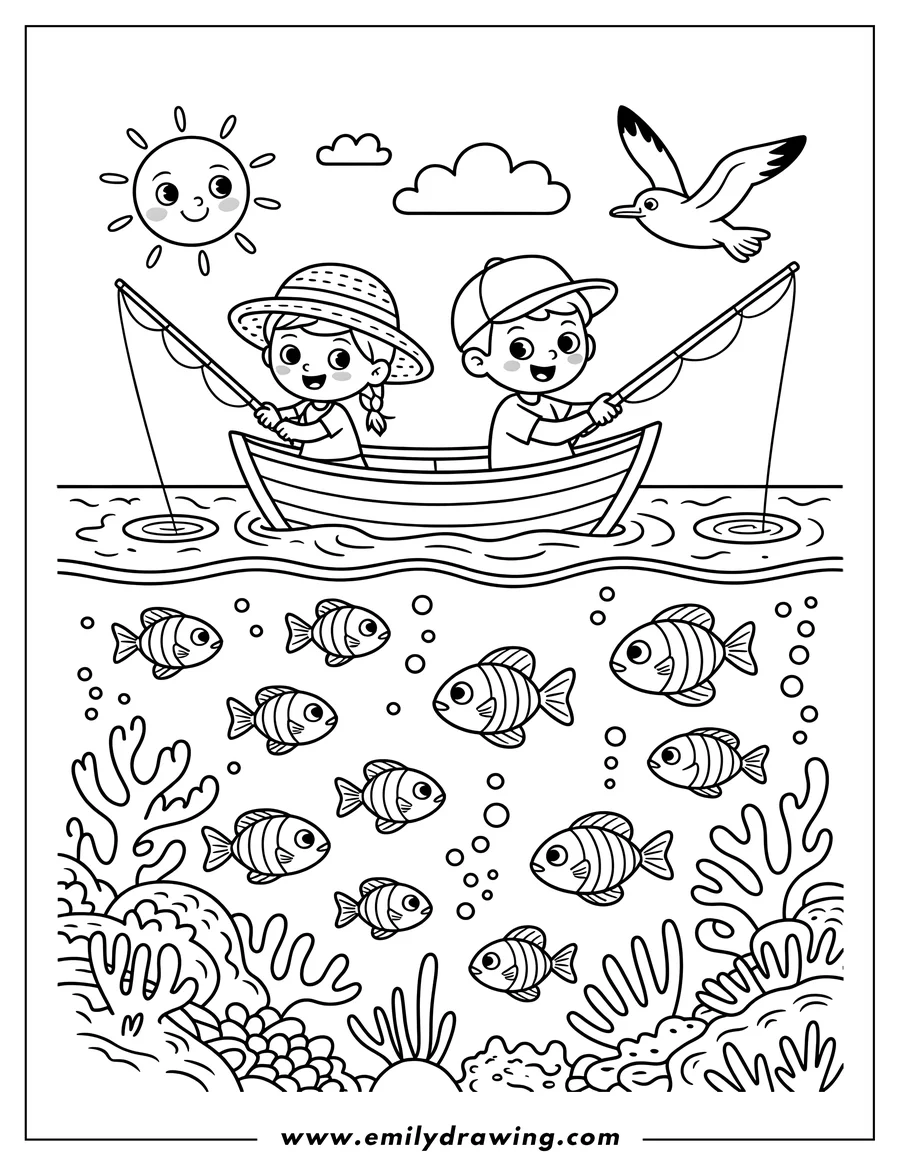 Two children fishing from a small boat. One child wears a hat, the other a cap.  They are fishing with rods and smiling. Several fish are visible in the water below the boat along with coral.