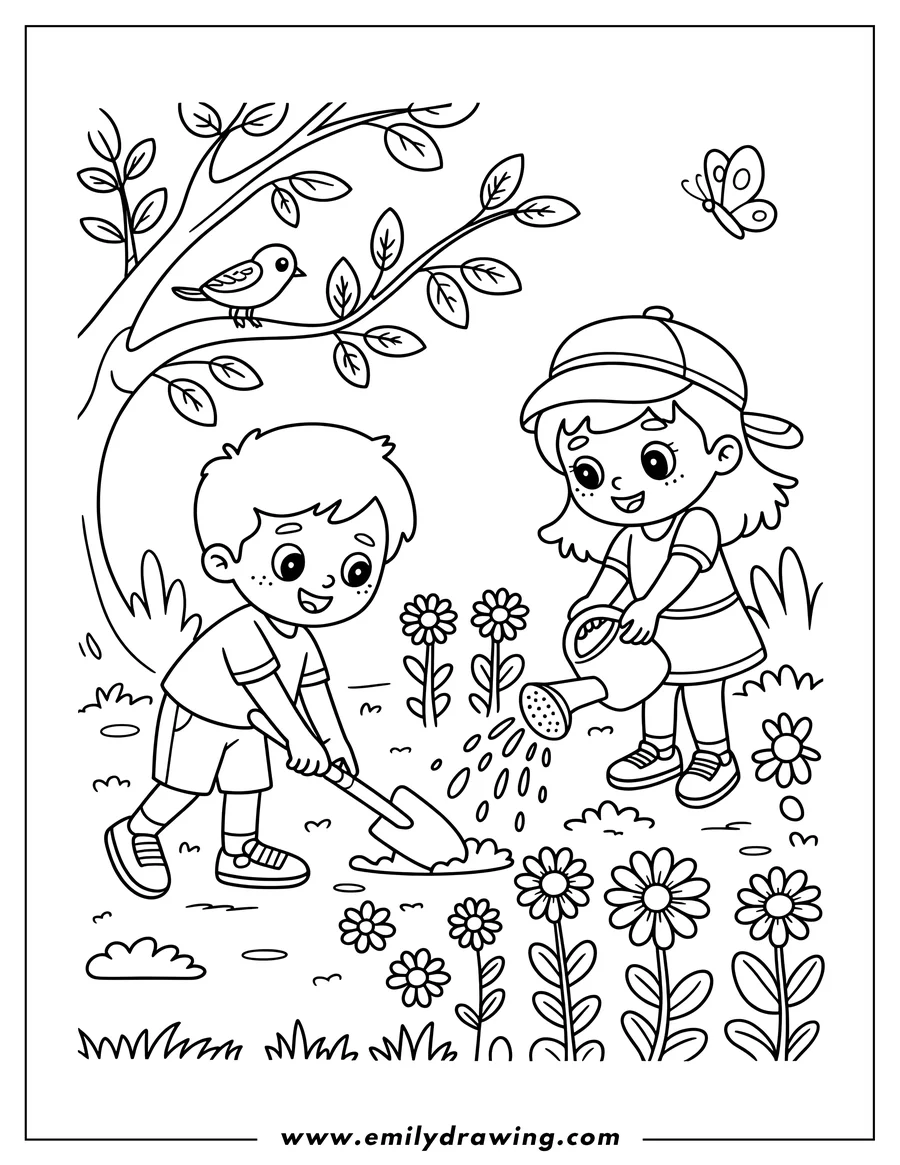 Outline of a boy digging with a shovel and a girl watering flowers with a watering can in a garden scene, with a bird in a tree and a butterfly flying nearby.
