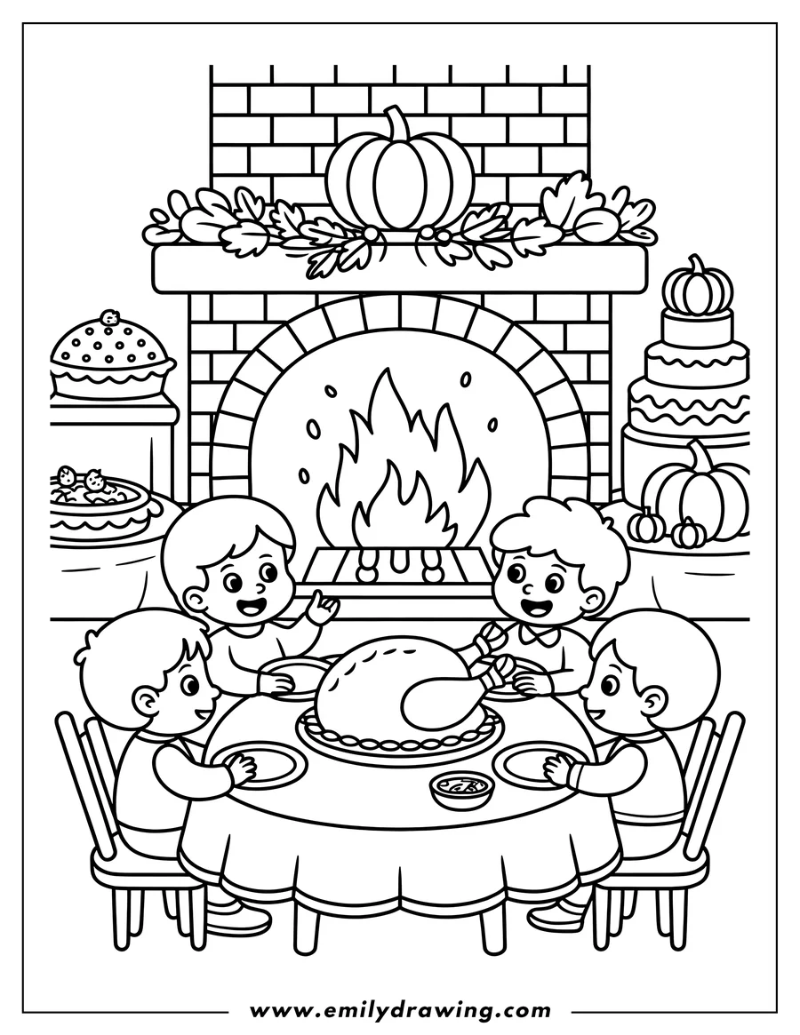 Line art of children having Thanksgiving dinner, gathered around a table with a roast turkey, near a fireplace decorated with pumpkins and autumn leaves.