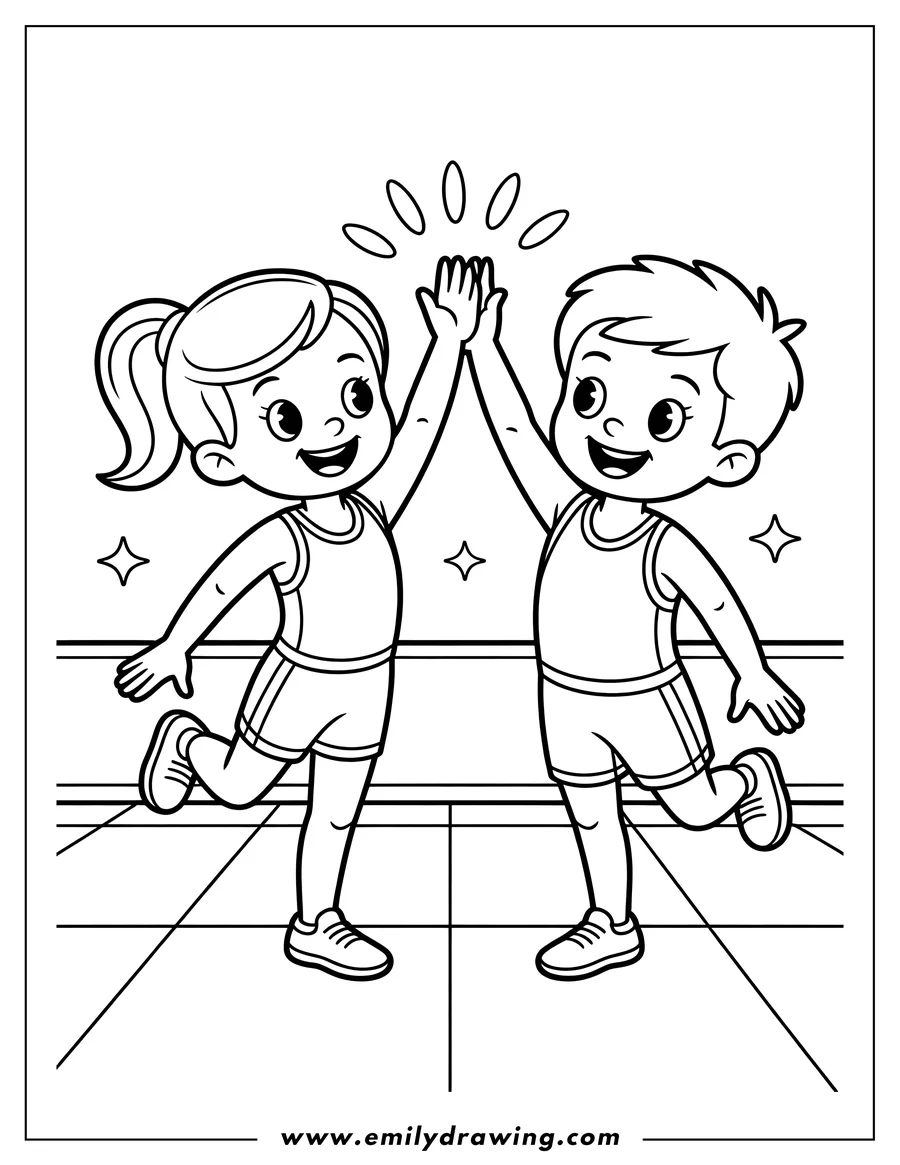 Outline of two children in athletic wear giving each other a high five in a gym.
