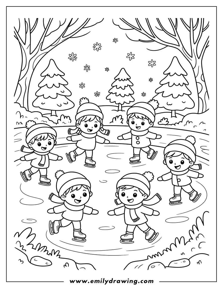 Outline of several children ice skating on a frozen pond in a winter forest with pine trees and falling snowflakes.