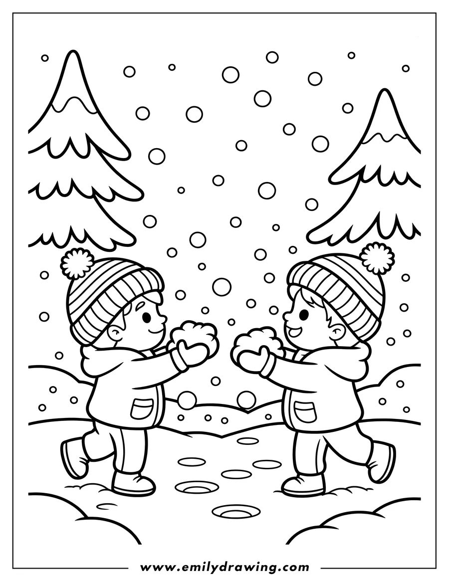 Line art of two children wearing winter hats and coats, holding snowballs in a snowy landscape with evergreen trees and falling snowflakes.
