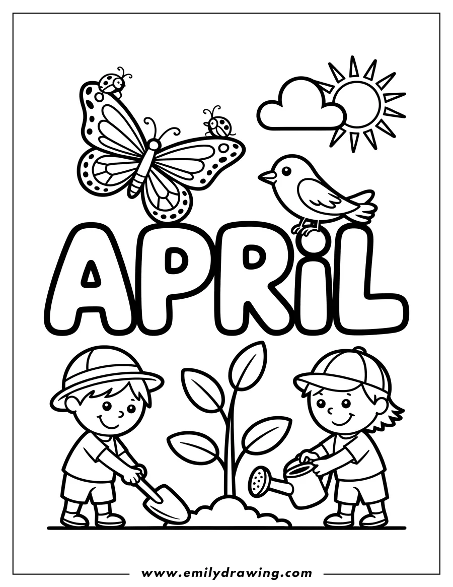 Two children planting a small seedling. One child uses a shovel, and the other waters the plant with a watering can. A butterfly and two ladybugs fly nearby, with a bright sun and a cloud in the background.