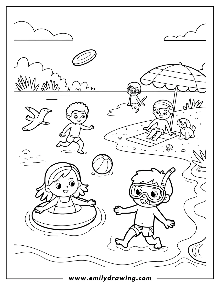 Outline of three happy children playing at a sunny beach with a sandcastle, beach umbrella, and beach ball, with a bird flying overhead.