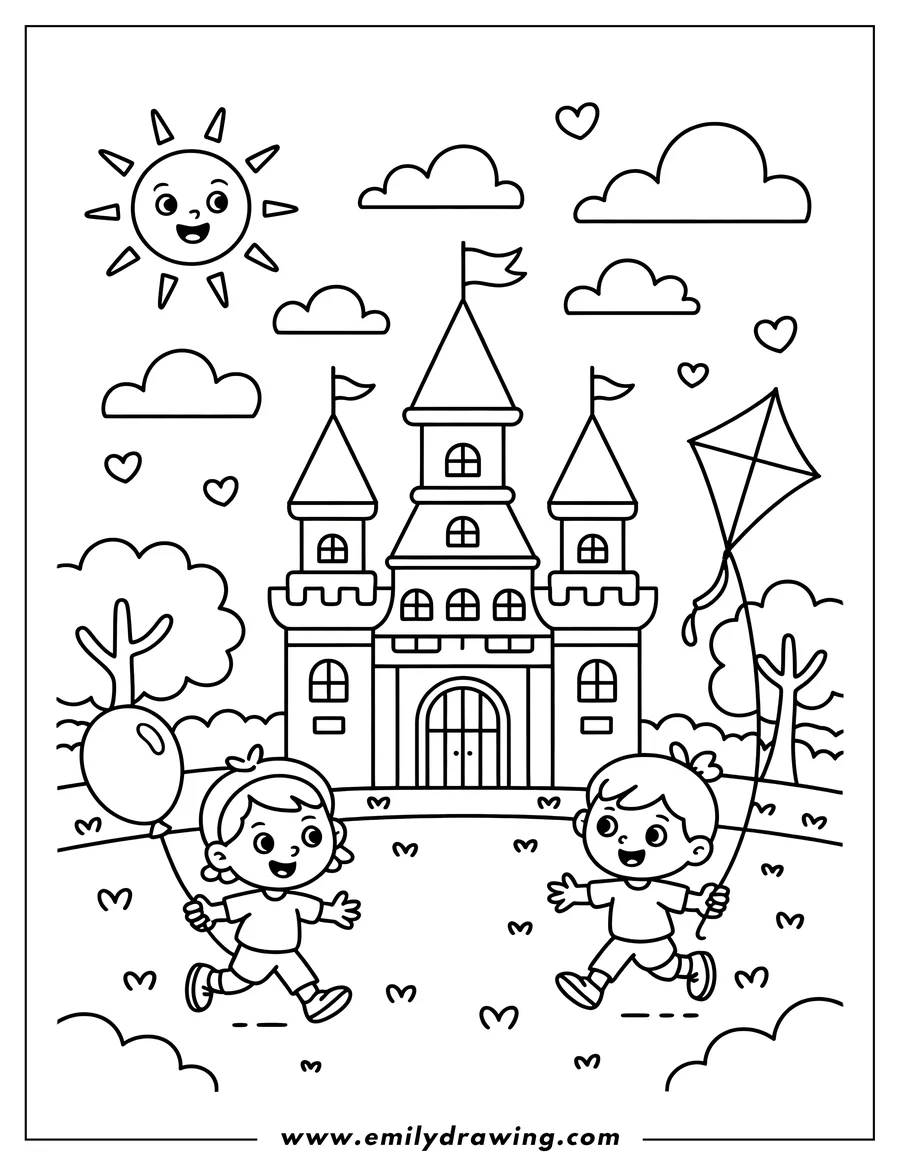 Line art of two children playing in front of a grand castle with flags on its towers, under a smiling sun and clouds. One child holds a balloon, and the other holds a kite.