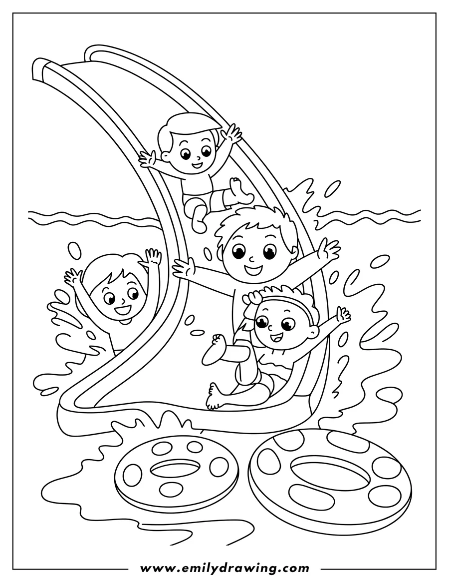 Line art of three children happily sliding down a water slide into a pool, with two swim rings floating in the water.