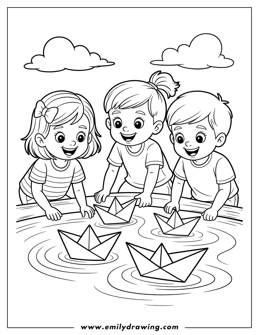 Line art of three children playing with paper boats in a puddle or small pond.  They are leaning over the edge and watching the boats float.