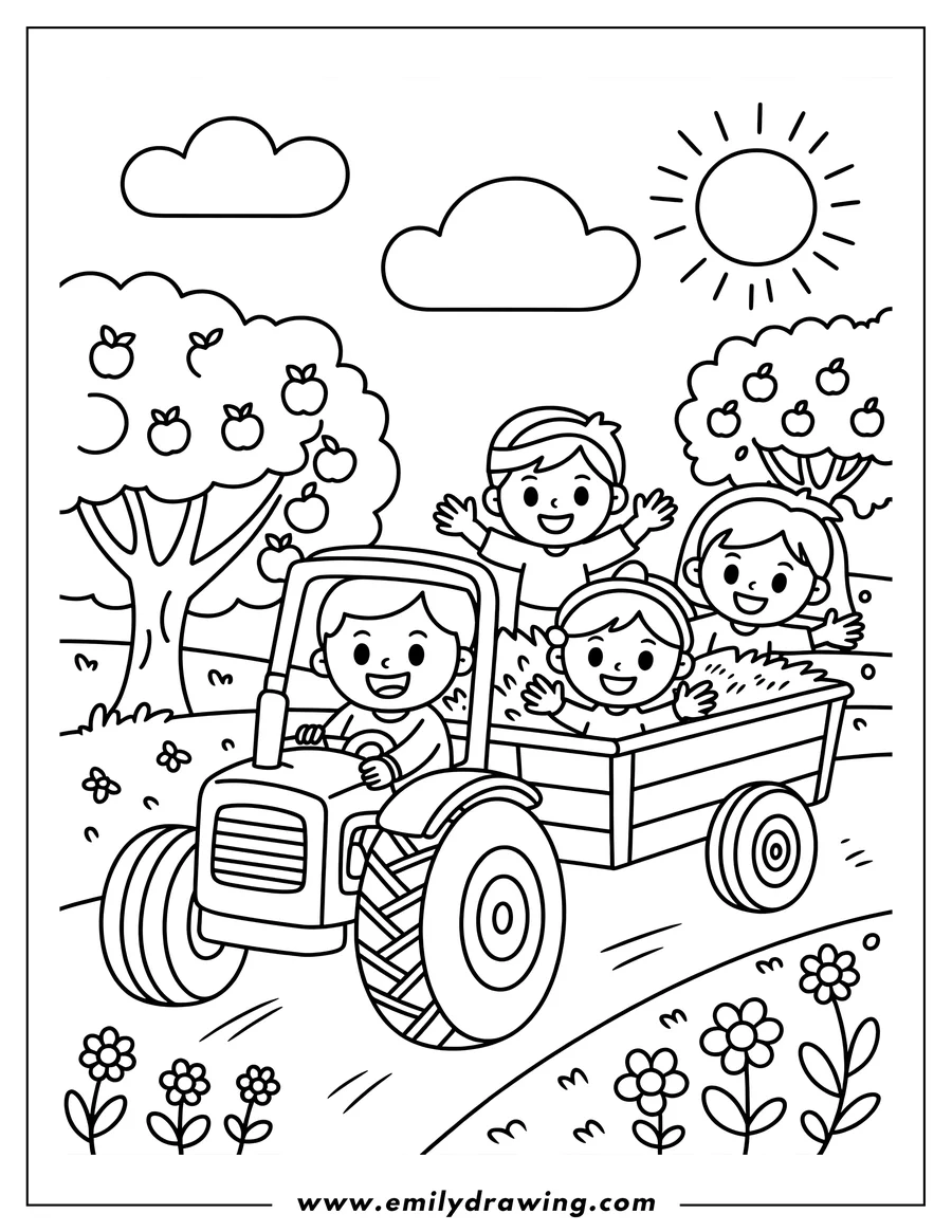 Outline of children riding a tractor and trailer through an apple orchard on a sunny day. Flowers and trees add to the autumn scene.