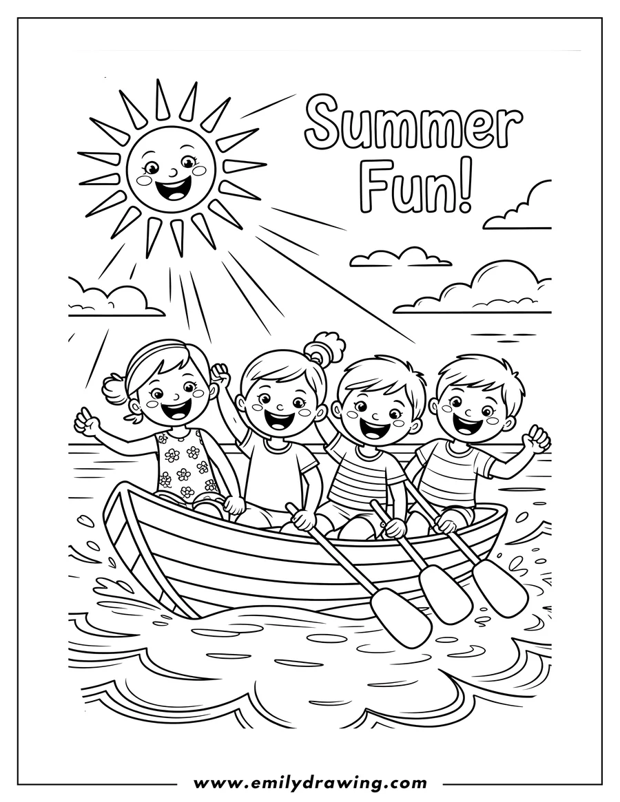 Line art of three children rowing a boat on a sunny day. The children are smiling and waving.