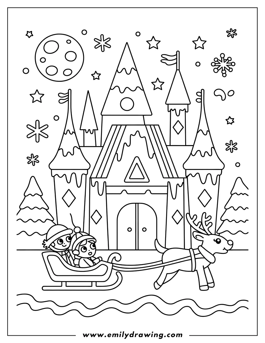 Line art of two children in a sleigh pulled by a reindeer, in front of a snow-covered castle with snowflakes and a moon in the sky.