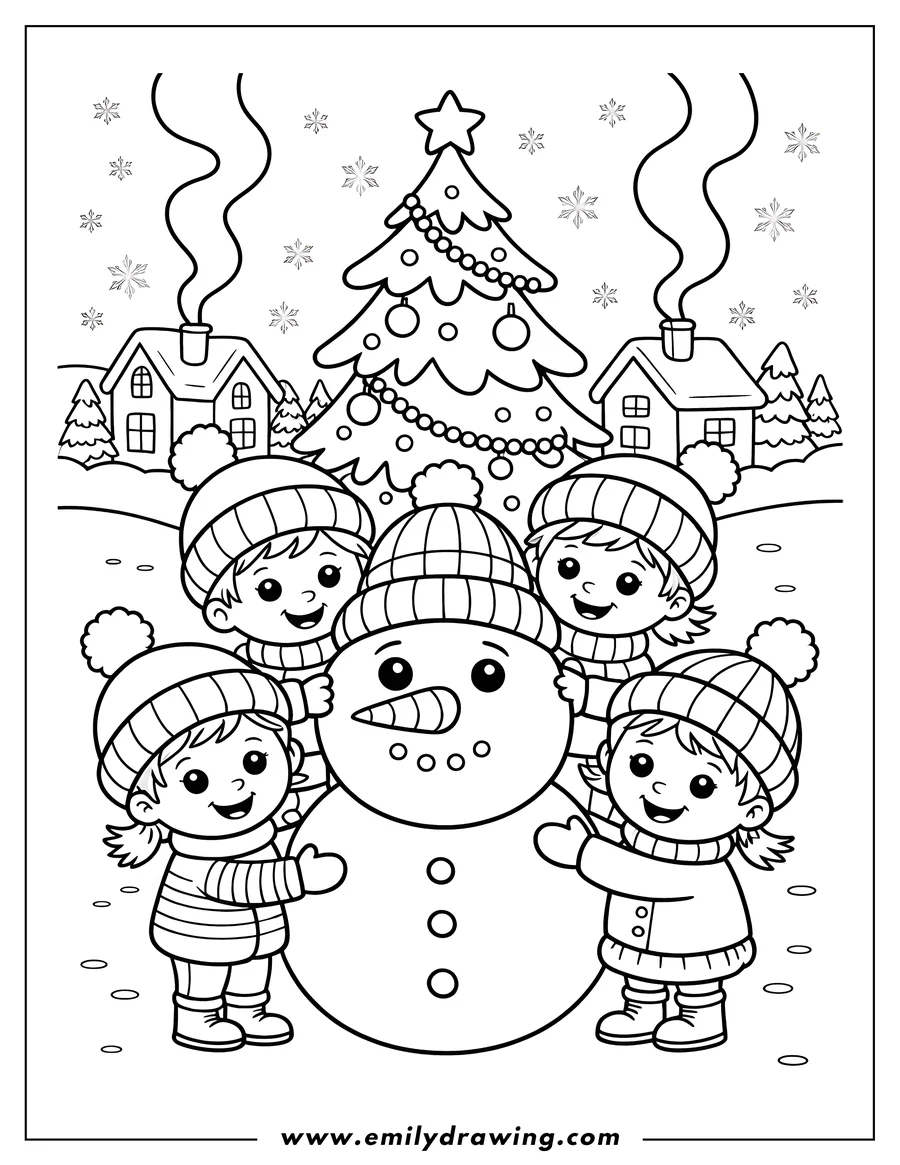 Line art of four children in winter hats and scarves, happily standing around a snowman with a carrot nose and button eyes. In the background are two cozy houses with smoke rising from chimneys, a decorated Christmas tree, and falling snowflakes.