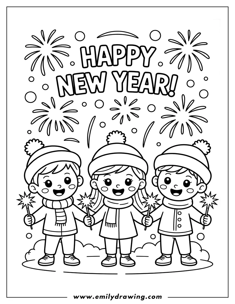 Outline of three happy children wearing winter hats and scarves, holding sparklers. Above them, fireworks burst around large text that reads 'HAPPY NEW YEAR!'.