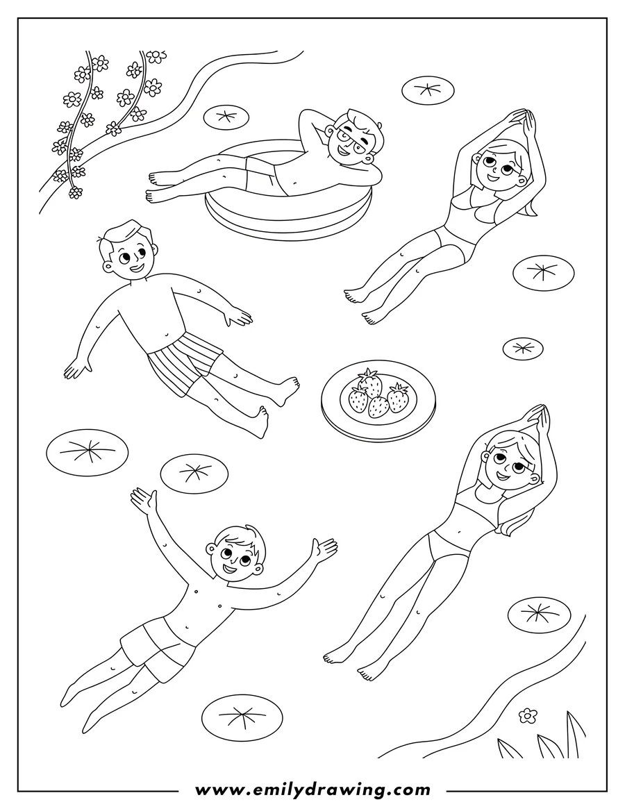 Line art of four children floating and swimming in water with lily pads and a plate of strawberries.