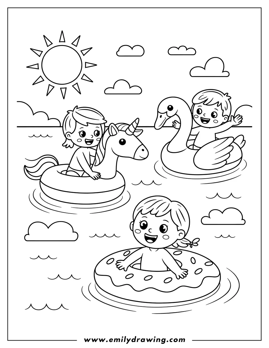 Line art of three children swimming in water under a sunny sky, each with a different inflatable float: a unicorn, a swan, and a donut.
