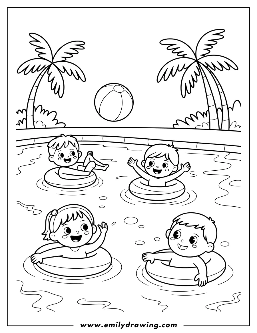 Line art of four children, three boys and one girl, happily swimming in a pool with inflatable rings. Two palm trees and a beach ball are visible in the background.