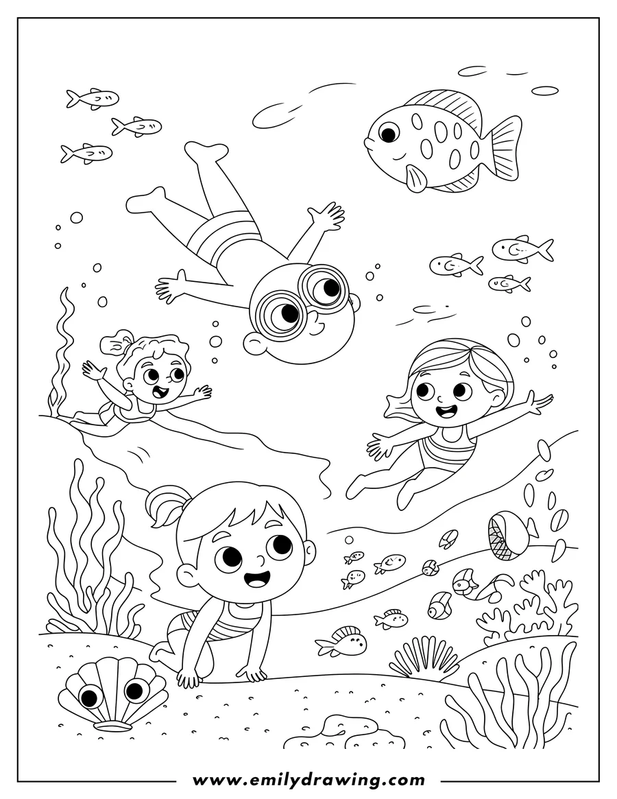 Outline of several children swimming happily underwater with fish and ocean plants. One child wears goggles and others wear swimsuits, exploring the ocean floor.