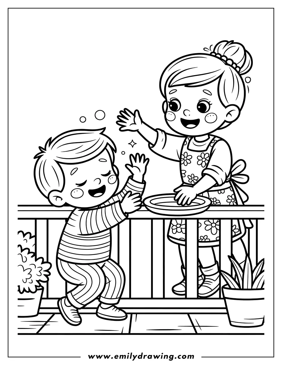 Two children washing hands on a balcony. There are potted plants on either side.