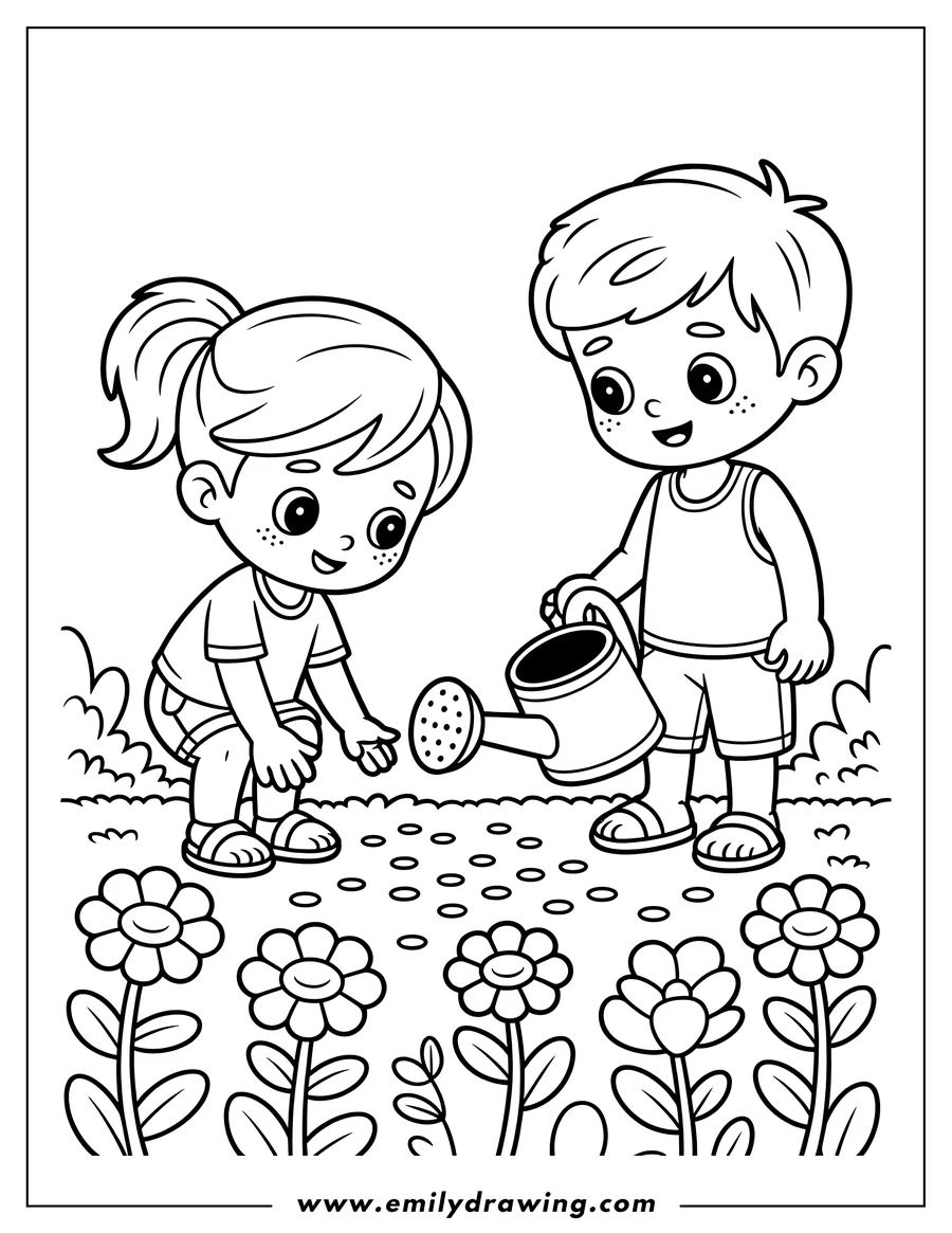 Line art of a boy watering flower seeds with a watering can next to a girl planting seeds in a garden.