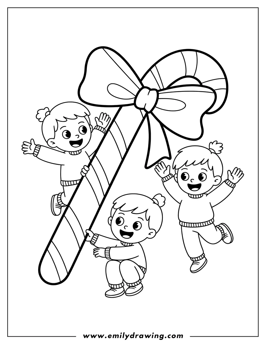 Outline of three cheerful children interacting with a giant candy cane decorated with a bow.
