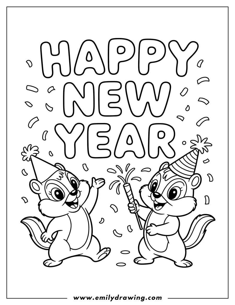 Outline of two chipmunks wearing party hats and celebrating New Year with confetti and a party popper.