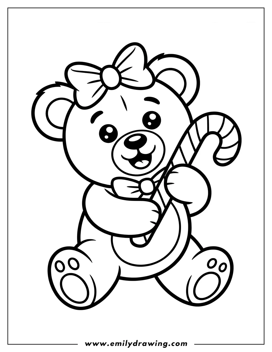 Outline of a bear holding a large candy cane. The bear is wearing a bow on its head and a bow tie.