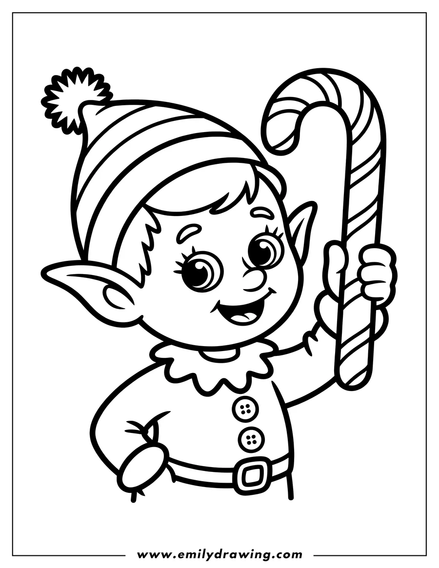 Line art of a cheerful Christmas elf holding a large candy cane. The elf wears a striped hat with a pom-pom and a simple outfit with a belt.