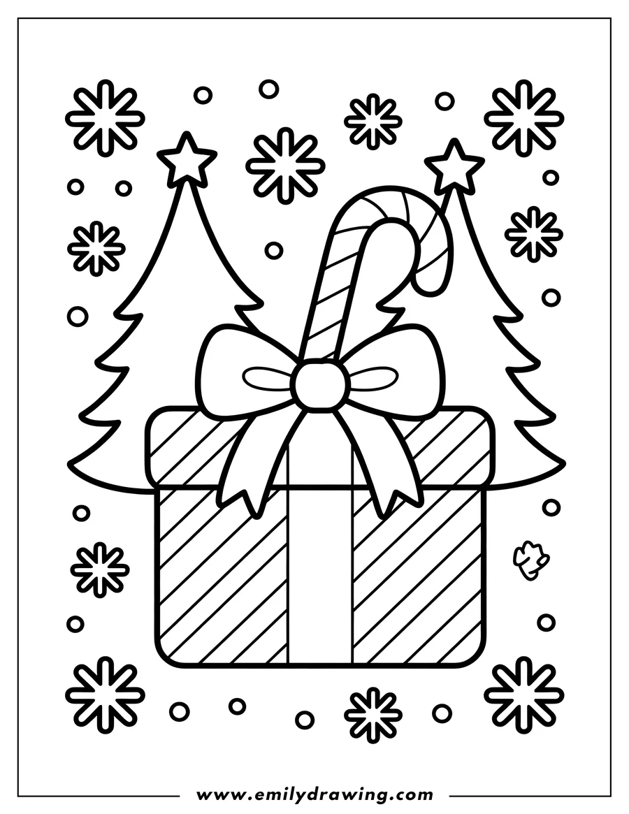 Line art of a Christmas present with a candy cane, a bow, and stylized Christmas trees on each side. Snowflakes and small circles decorate the background.