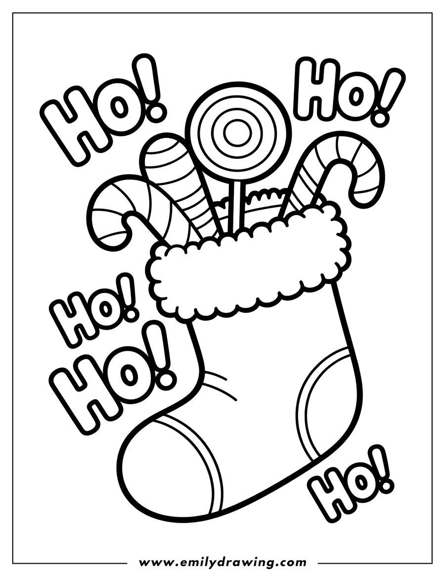 Outline of a Christmas stocking filled with candy canes and a lollipop, with 'Ho Ho Ho' written around it.