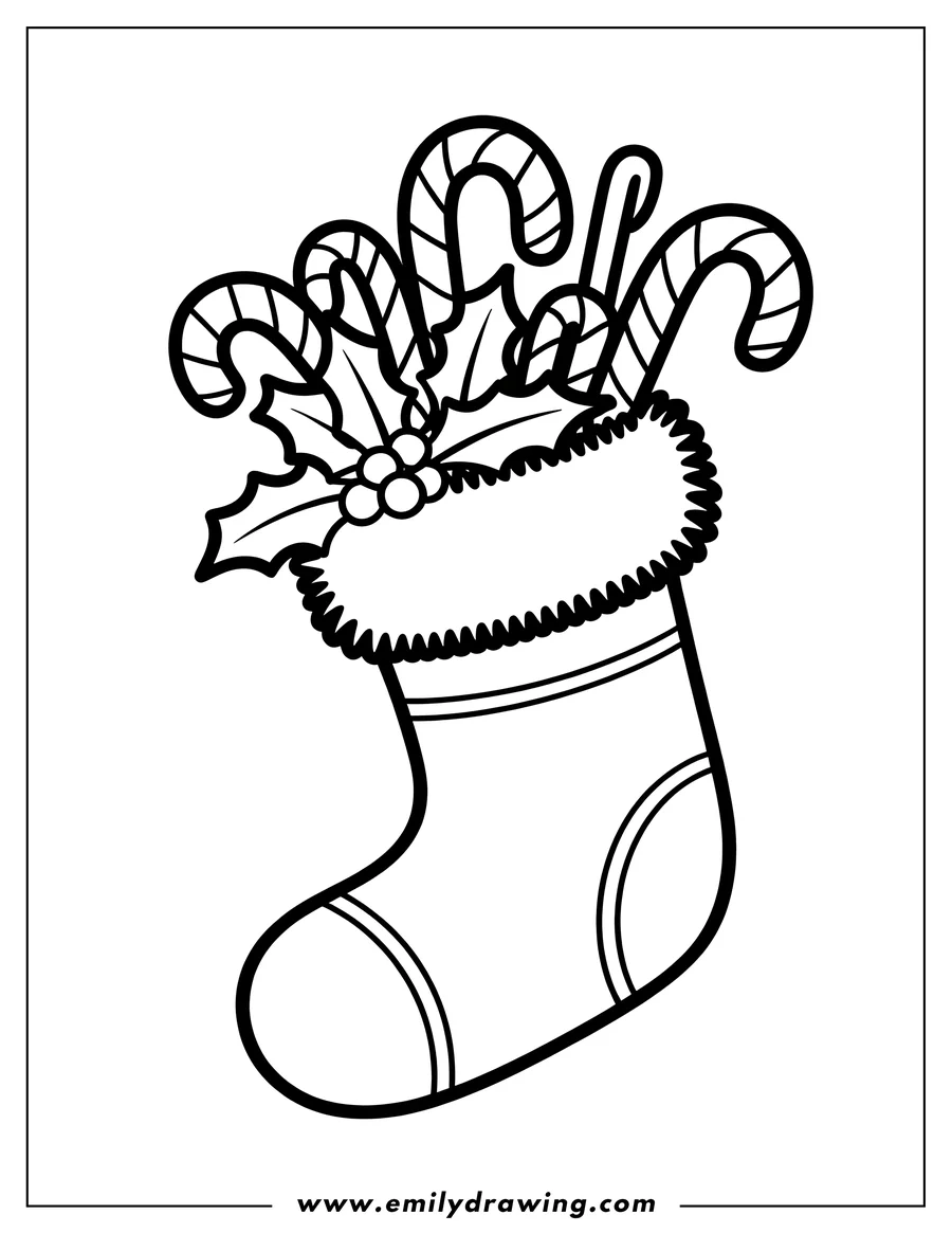 Outline of a Christmas stocking filled with candy canes and holly leaves with berries.