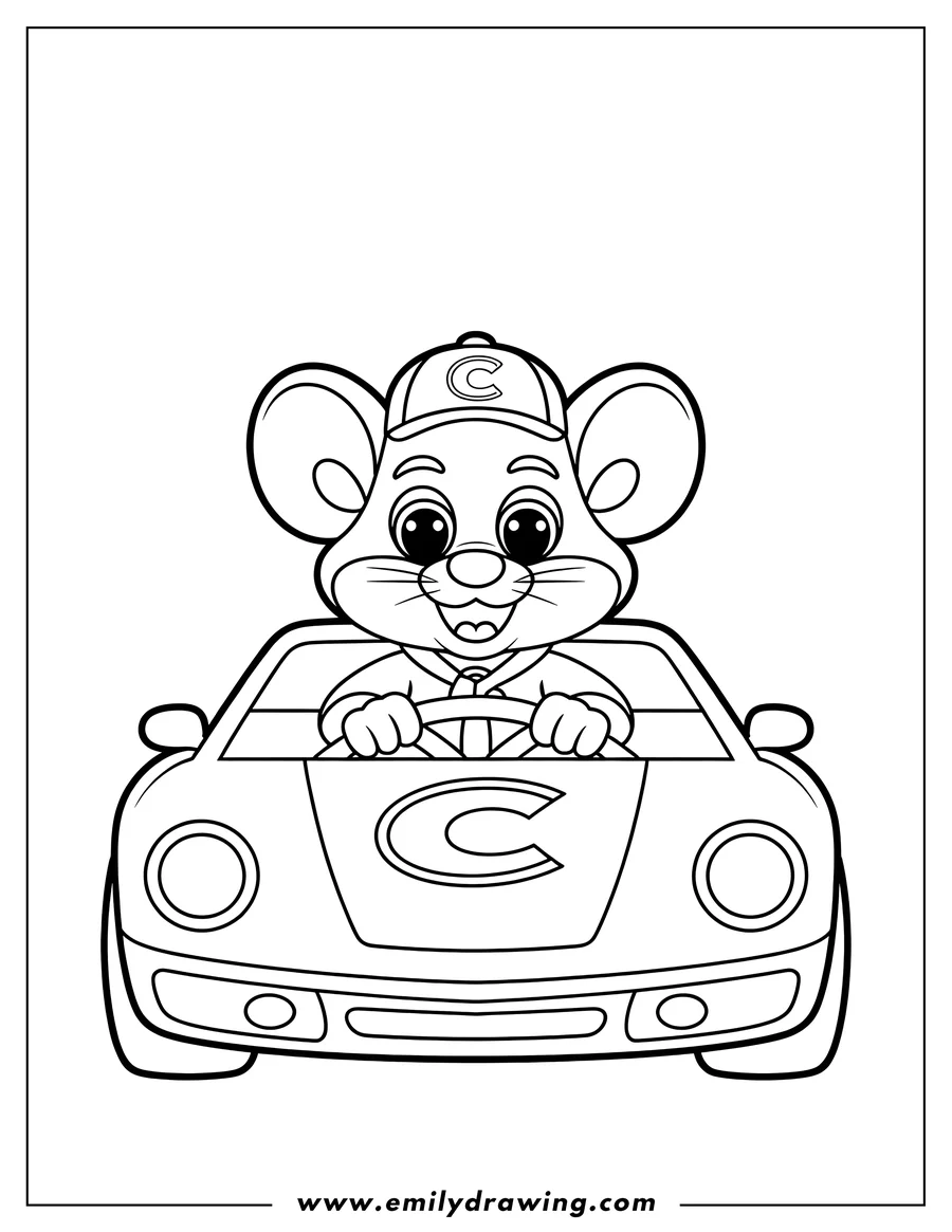 Line art of Chuck E. Cheese wearing a cap, smiling and driving a car with a 'C' logo on the hood.
