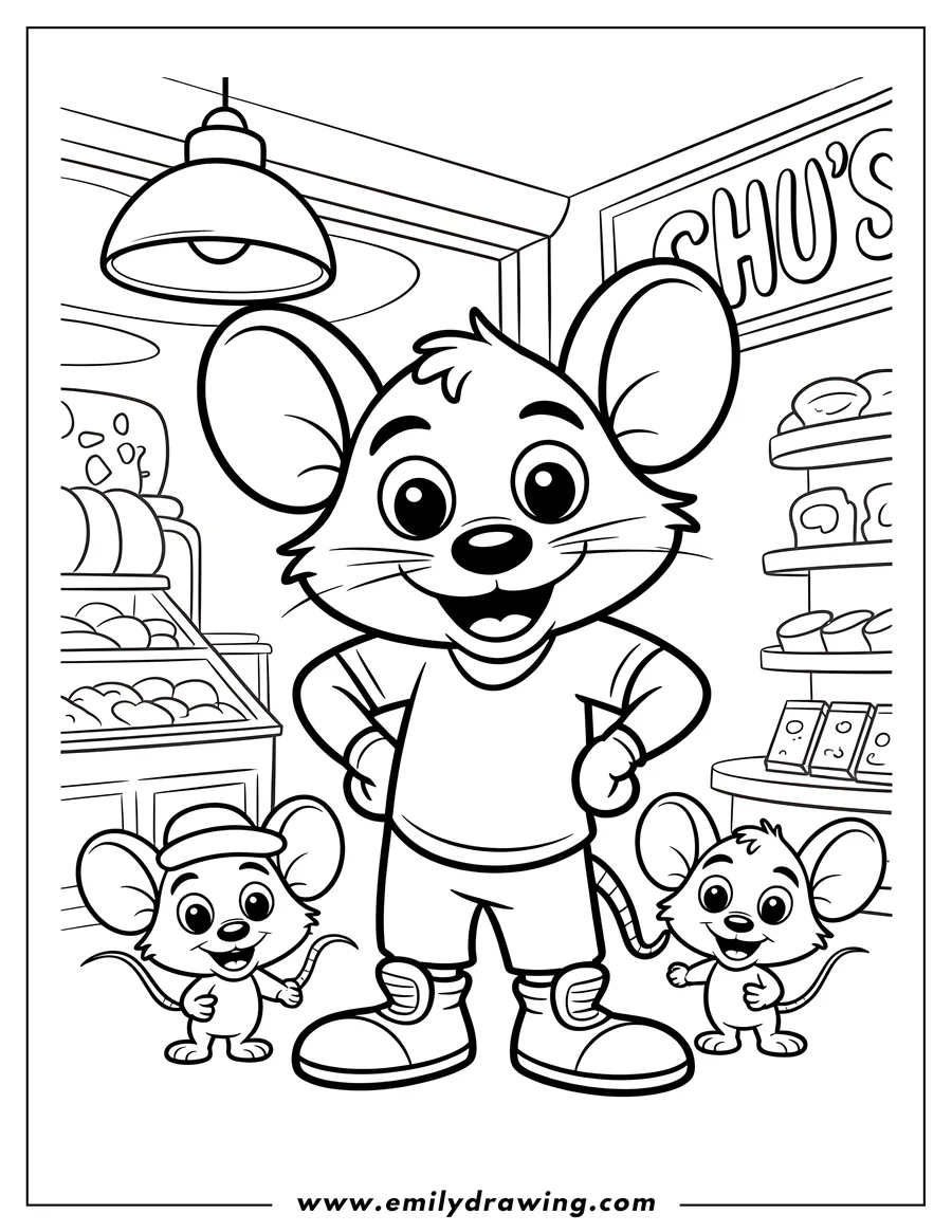 Line art of Chuck E. Cheese standing with two smaller mouse friends in a store with shelves of goods and a 'CHU'S' sign