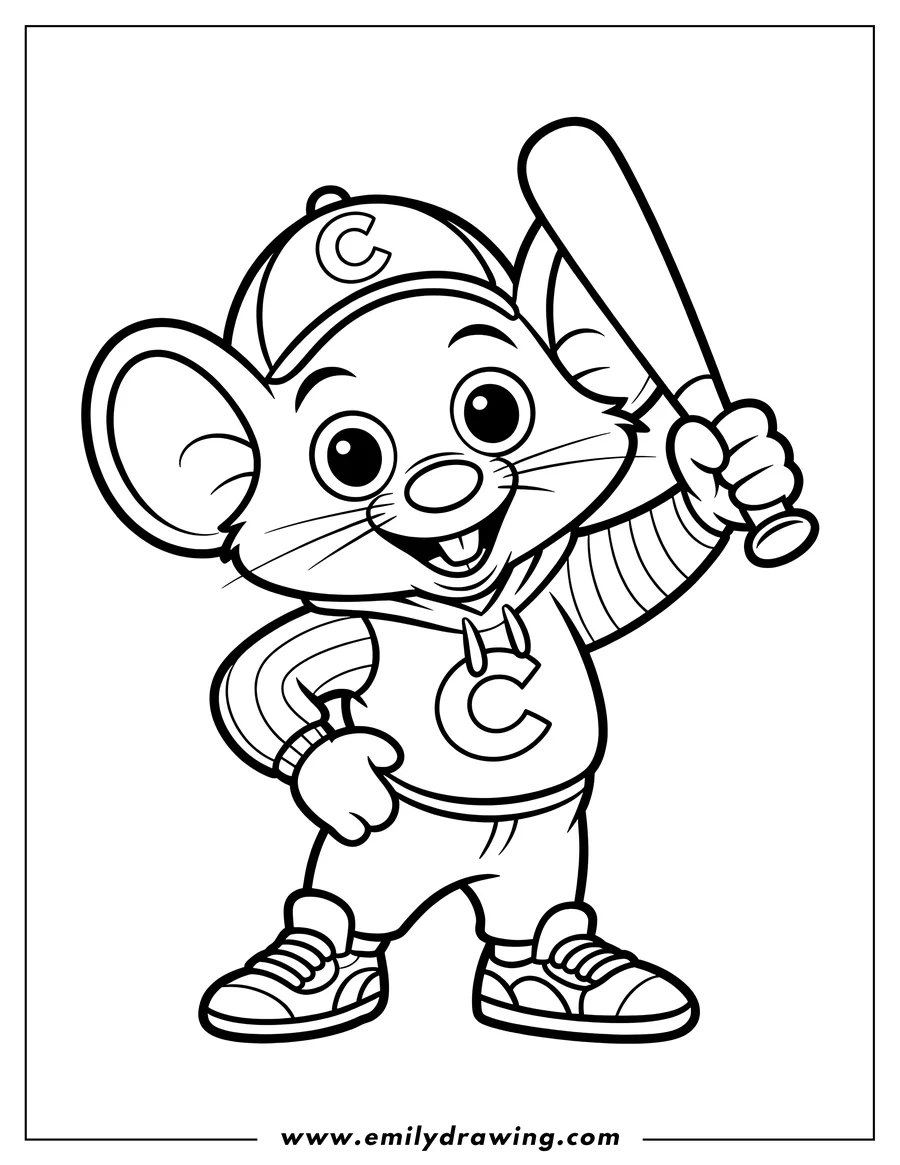 Line art of Chuck E. Cheese, a cartoon mouse, wearing a baseball cap with a 'C' and a hoodie, holding a baseball bat over his shoulder.