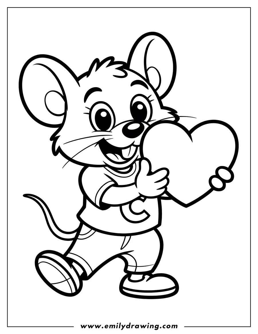 Line art of Chuck E. Cheese, a cartoon mouse, smiling brightly and holding a large heart in both hands.