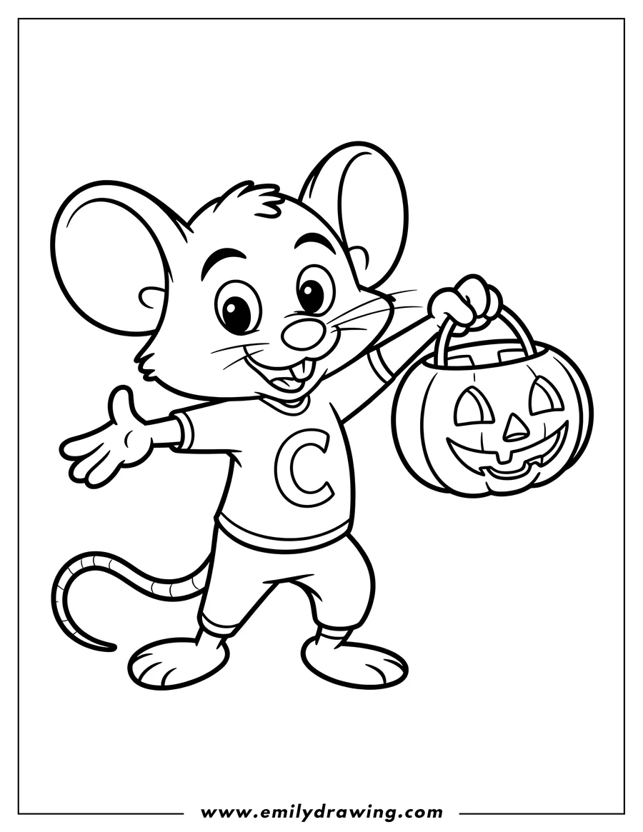 Line art of Chuck E. Cheese, a cartoon mouse, smiling and holding a jack-o'-lantern shaped candy bucket in one hand.
