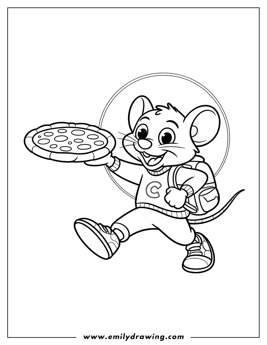 Line art of Chuck E. Cheese, the mouse mascot, holding a pizza in one hand and wearing a sweater with a 'C' and a backpack, with a circular background behind him.