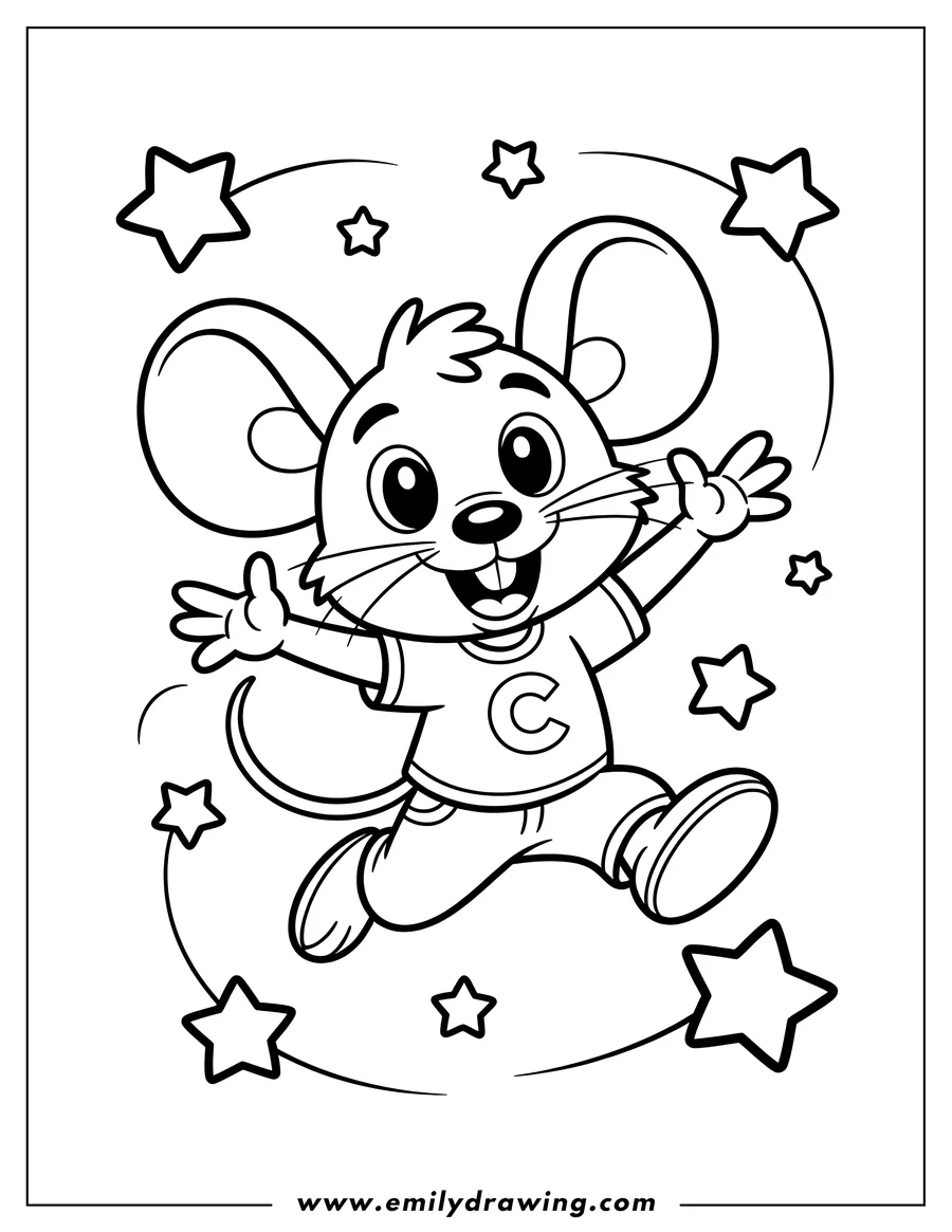 Line art of Chuck E. Cheese jumping happily with arms outstretched, surrounded by stars